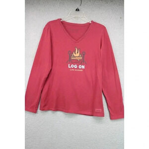 Life is Good Long Sleeves Crusher Tee Shirt- "Log On"-Size Medium-V-Neck